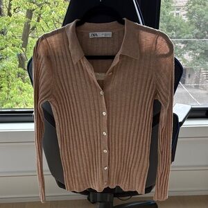 Zara Tan Ribbed Knit Polo Sweater